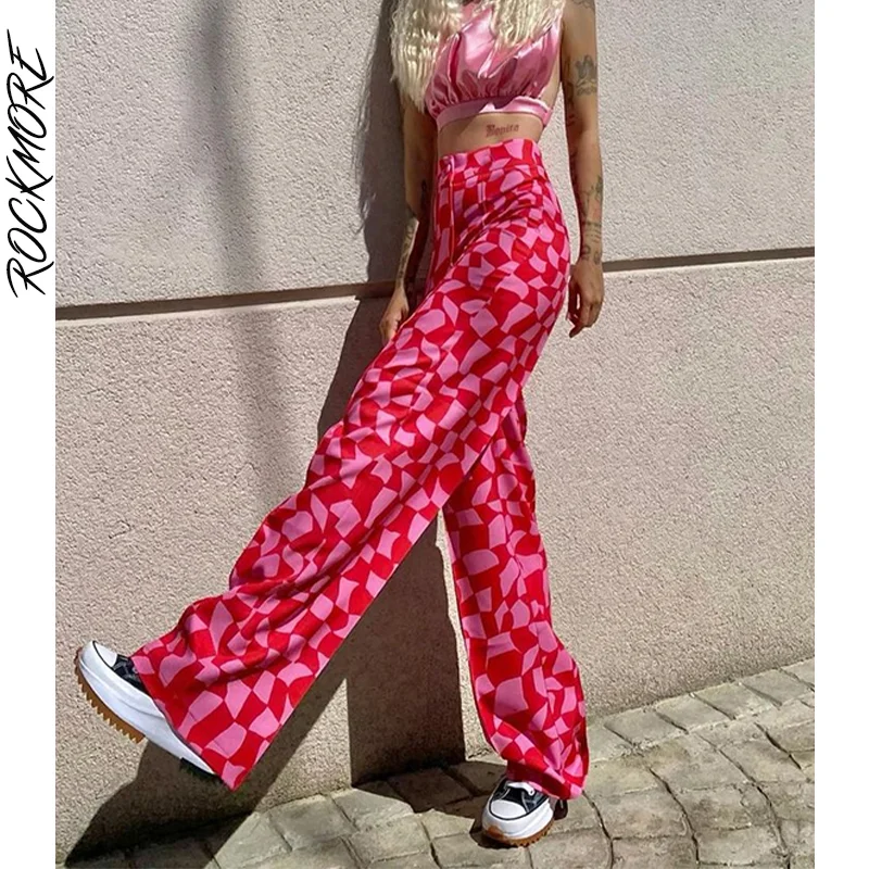 

Rockmore Pink Checked Wide Leg Pants High Waist Pants For Women Y2K Mom Straight Trousers Female Streetwear Plaid Joggers Korean