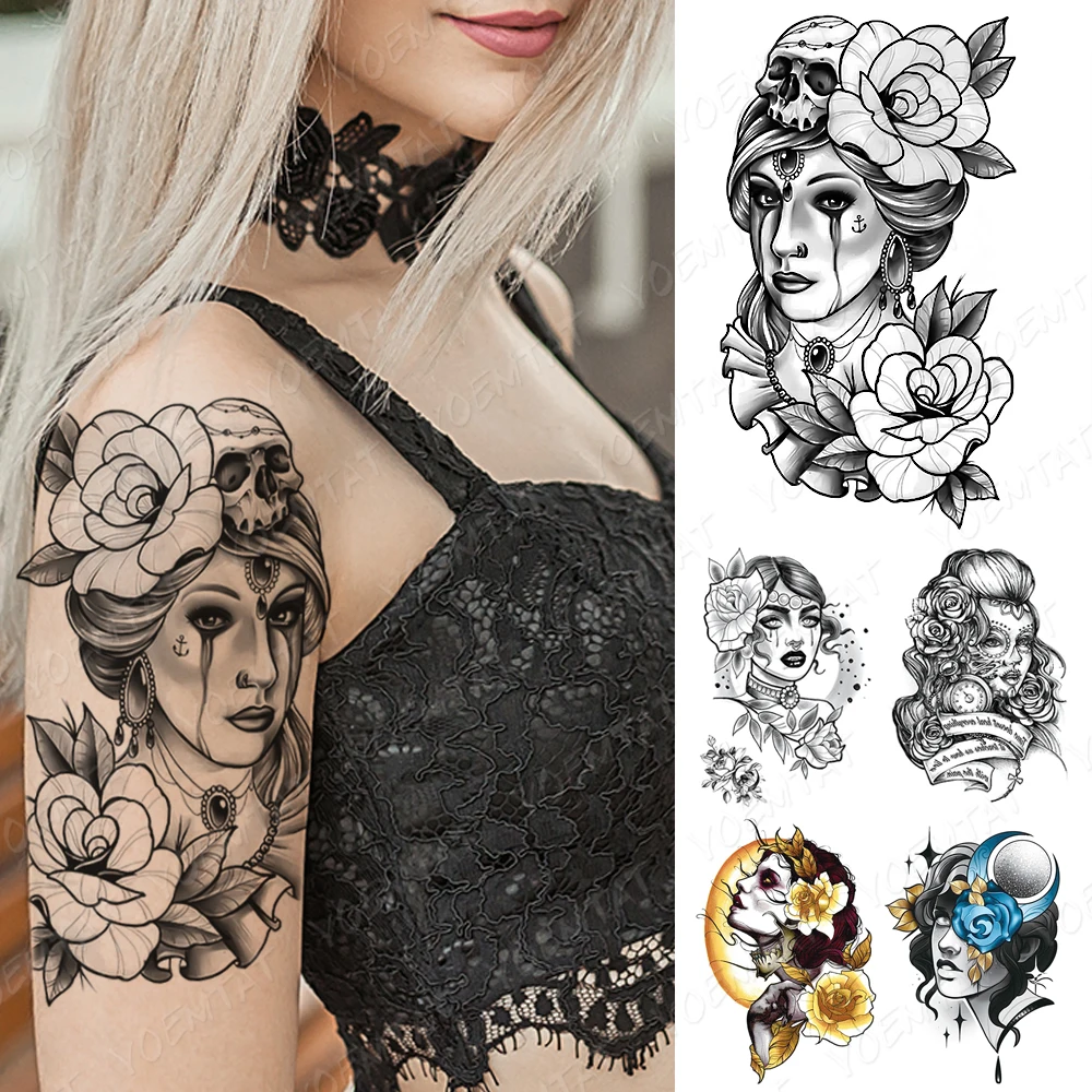 

Waterproof Temporary Tattoo Sticker Old School Flash Tattoos Skull Tears Rose Beauty Girl Portrait Body Art Arm Fake Tatoo Women