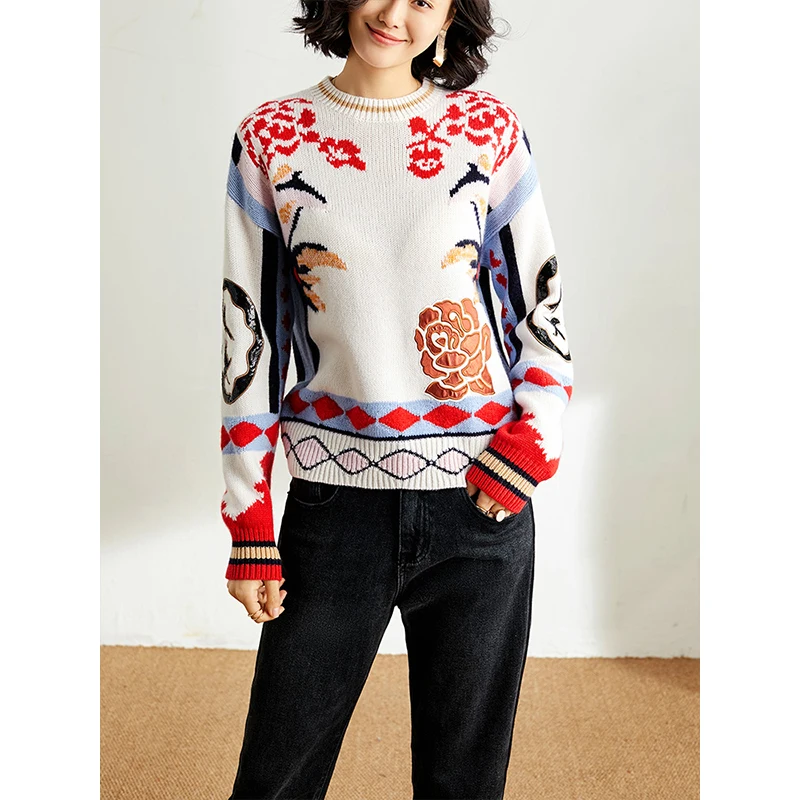 2019 Winter Wool Blend Sweater Loose Jumper Women O-neck Flower Swallow Appliques Embroidery Knitted Ladies Pullovers | Женская одежда
