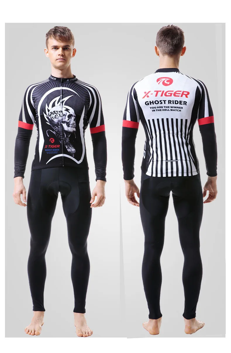 

New Black Winter Riding Men Long Slee Skull Print Clothing Ride Set MTB GEL Breathable Pad Trousers Men's Outdoor Warm SportWear
