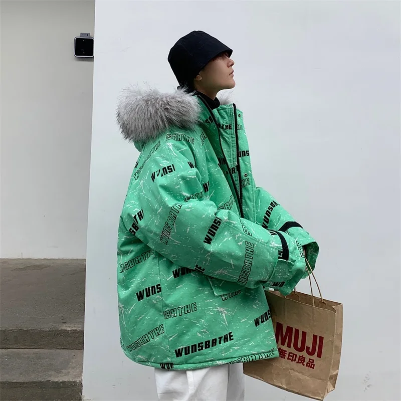 Мужская куртка-пуховик оверсайз с буквенным принтом зимняя модная трендовая