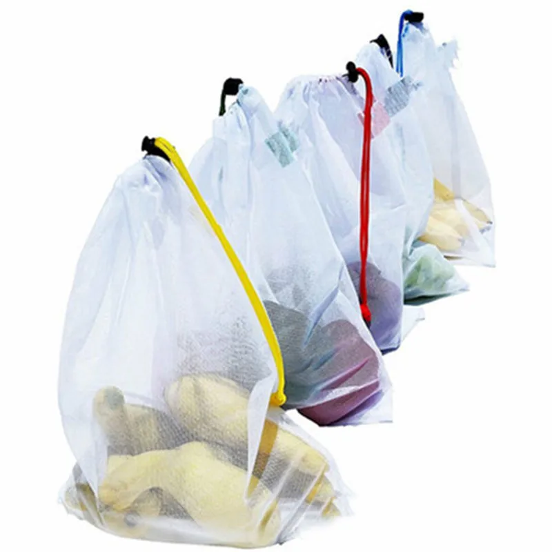 

5 Pcs/Set Food Grade Safety and Environmental Protection Reusable Bags Black Rope Mesh Storage Vegetable & Fruit & Grocery Bags