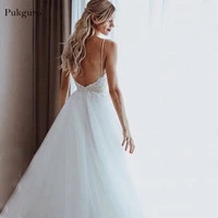pukguro elegant tulle wedding dress sweetheart pearls spaghetti strap lace applique beaded a line bride dress boho wedding gown