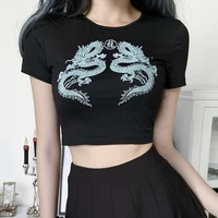 harajuku sexy black t shirts women dragon pattern crop tops streetwear gothic bodycon short tee female casual summer t shirt