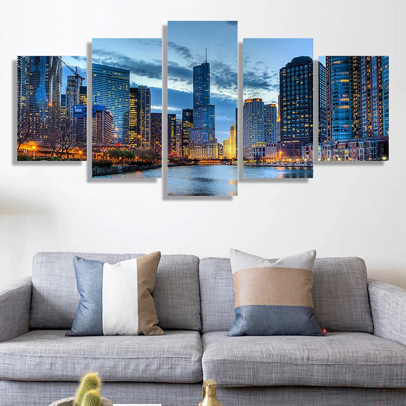 

5 Pieces of High-definition Oil Painting Chicago Cityscape Wall Decoration Living Room Office Art Home Decoration Without Frame
