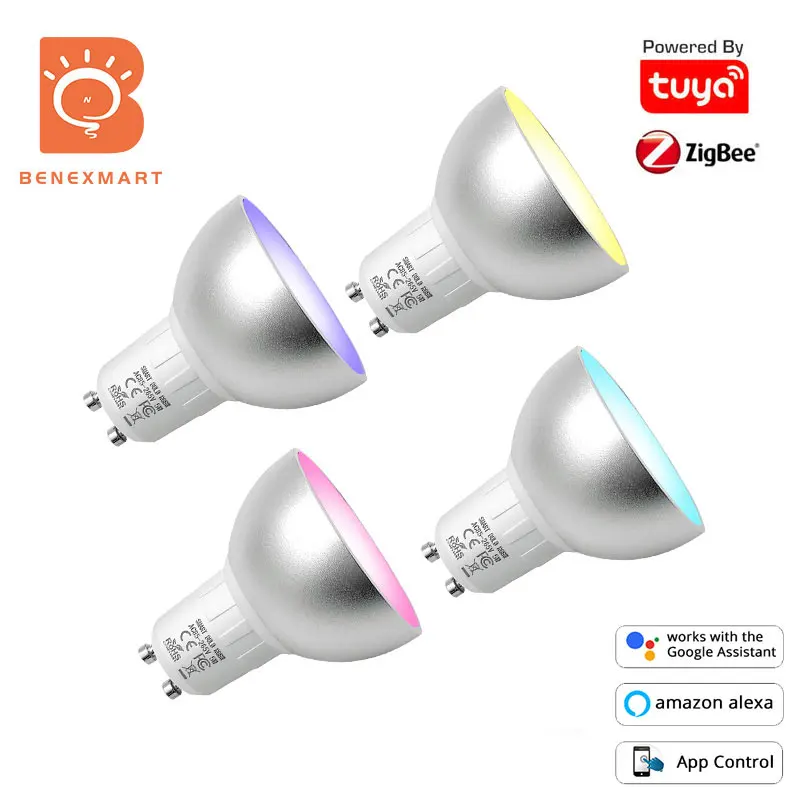 Benexamrt 4pcs GU10 Tuya Zigbee LED Spotlighting 5W Dimmable Bulb RGBCW Color Changing Alexa Google Home Voice Control