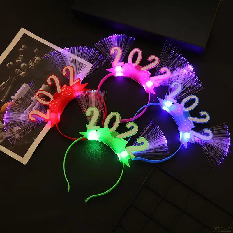 

2022 LED Glow Headband Flashing Blinking Crown Fiber Happy New Year Hair Bands Party Decoration Favors Random Color