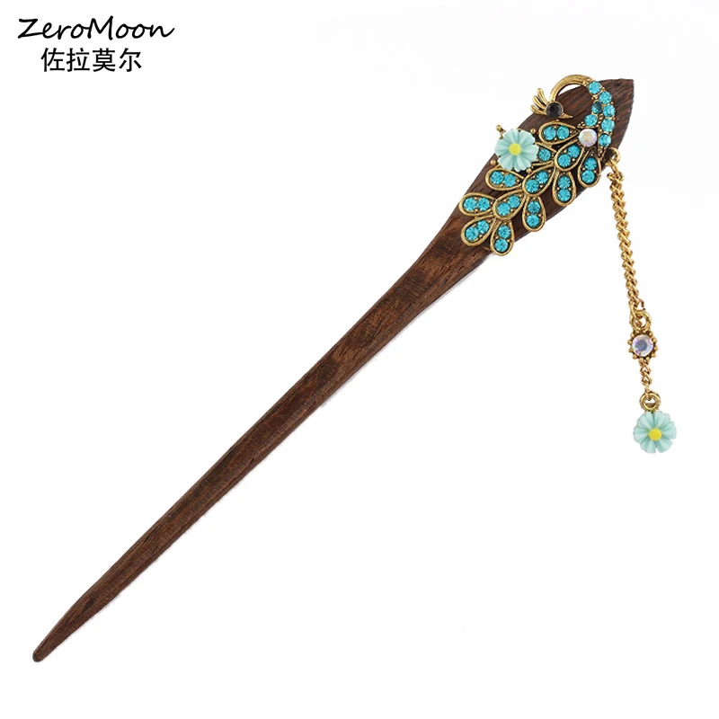 Хрустальные стразы деревянная заколка для волос с павлиньими птицами женская