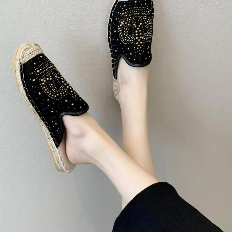 2021 Crystals Shoes Women Half Slippers Summer Pink Flat Heel Ventilation Hemp Round ToeMules Plus Big Size 41 42