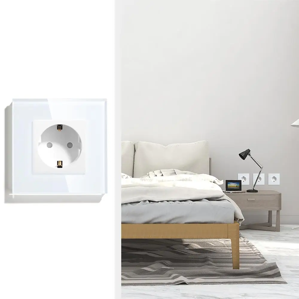 

BSEED EU Standard 16A Wall Socket White Black Gold Single Mirror Crystal Glass Panel Plug Electrical Outlet For Home Improvemet