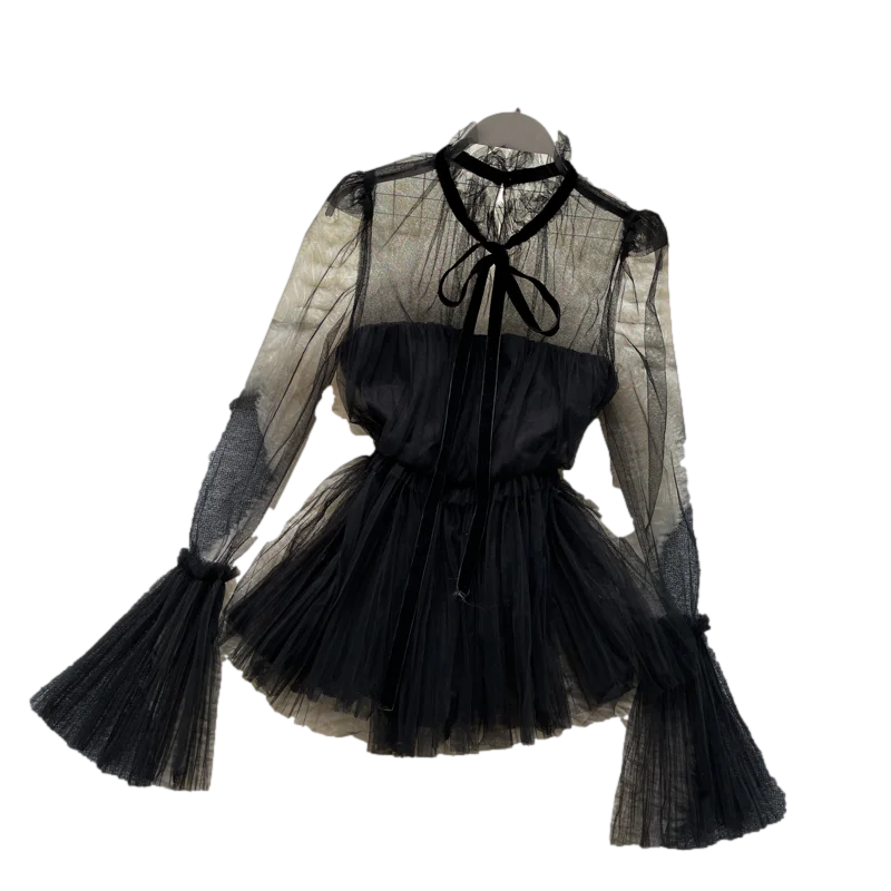 

Summer New Fashion Temperament Blouse Female Net Yarn Trumpet Sleeves Fungus Stand Collar Blusa Slim Lotus Leaf Shirt