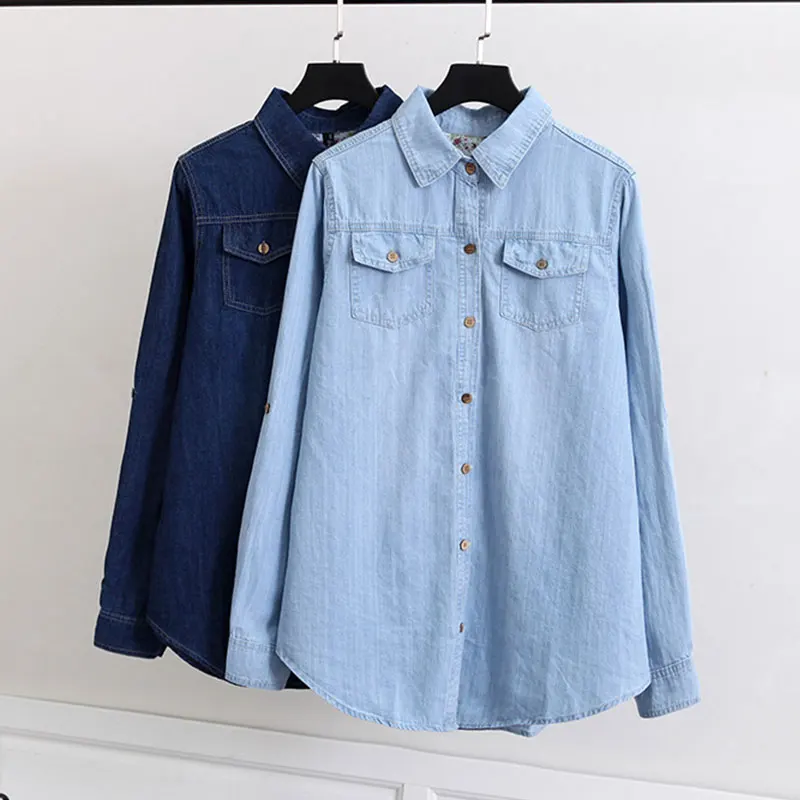 Женская джинсовая рубашка с длинным рукавом двумя карманами|blouse fashion|blouses plusfashion
