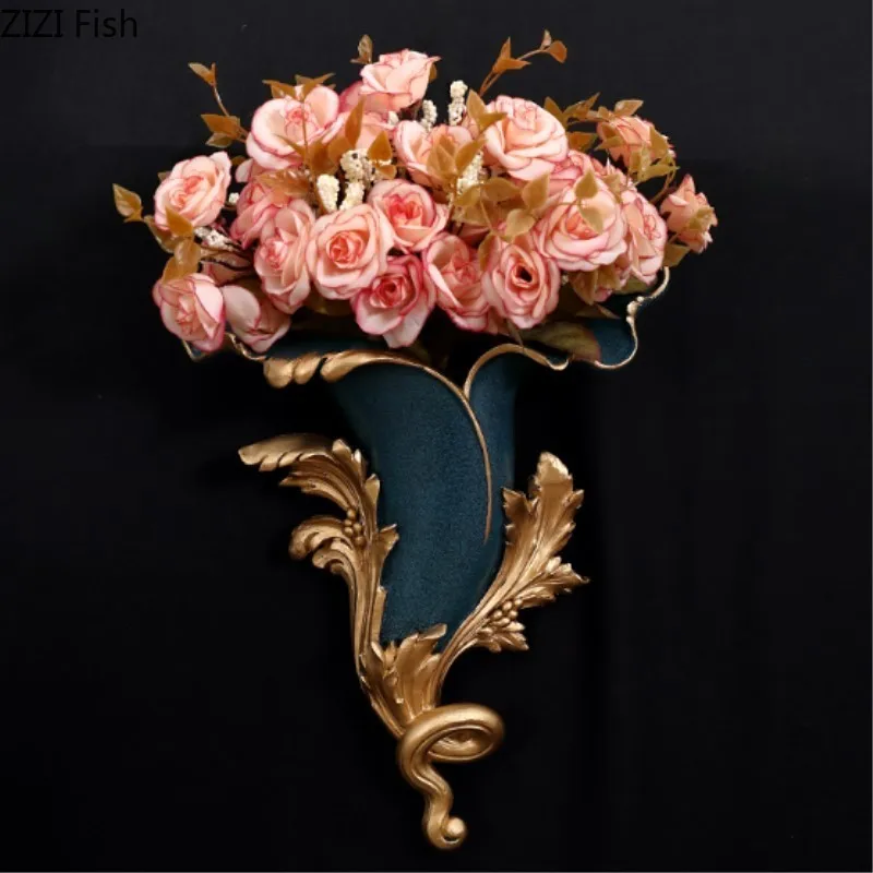 Скандинавская настенная стандартная керамическая ваза темно синяя позолоченная