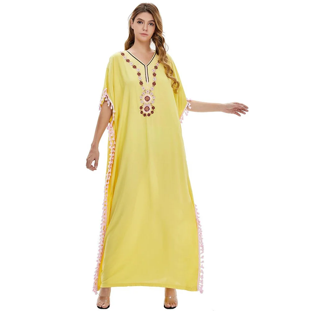 

Muslim Fashion Long Dresses for Women Short Sleeve Tassel Ankle Length V Neck Loose Summer Clothing Wholesale Dropshipping