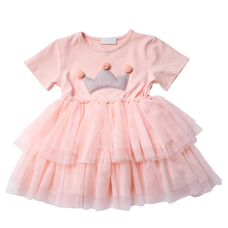 

2-7T Kids Baby Girls Dress, Crown Pattern Round Collar Short Sleeve Sweet One-Piece Layered Dress for Summer Fall, White/Pink
