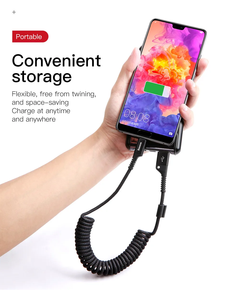 Baseus весна выдвижной usb type c кабель быстрой зарядки данных для samsung s9 s8 huawei oneplus 6 xiaomi 9 note 7 зарядное устройство Android