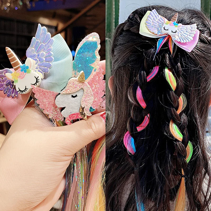 

Diadema larga colorida de unicornio con dibujos animados para nina, adorno para el pelo, horquilla, pinzas para el pelo