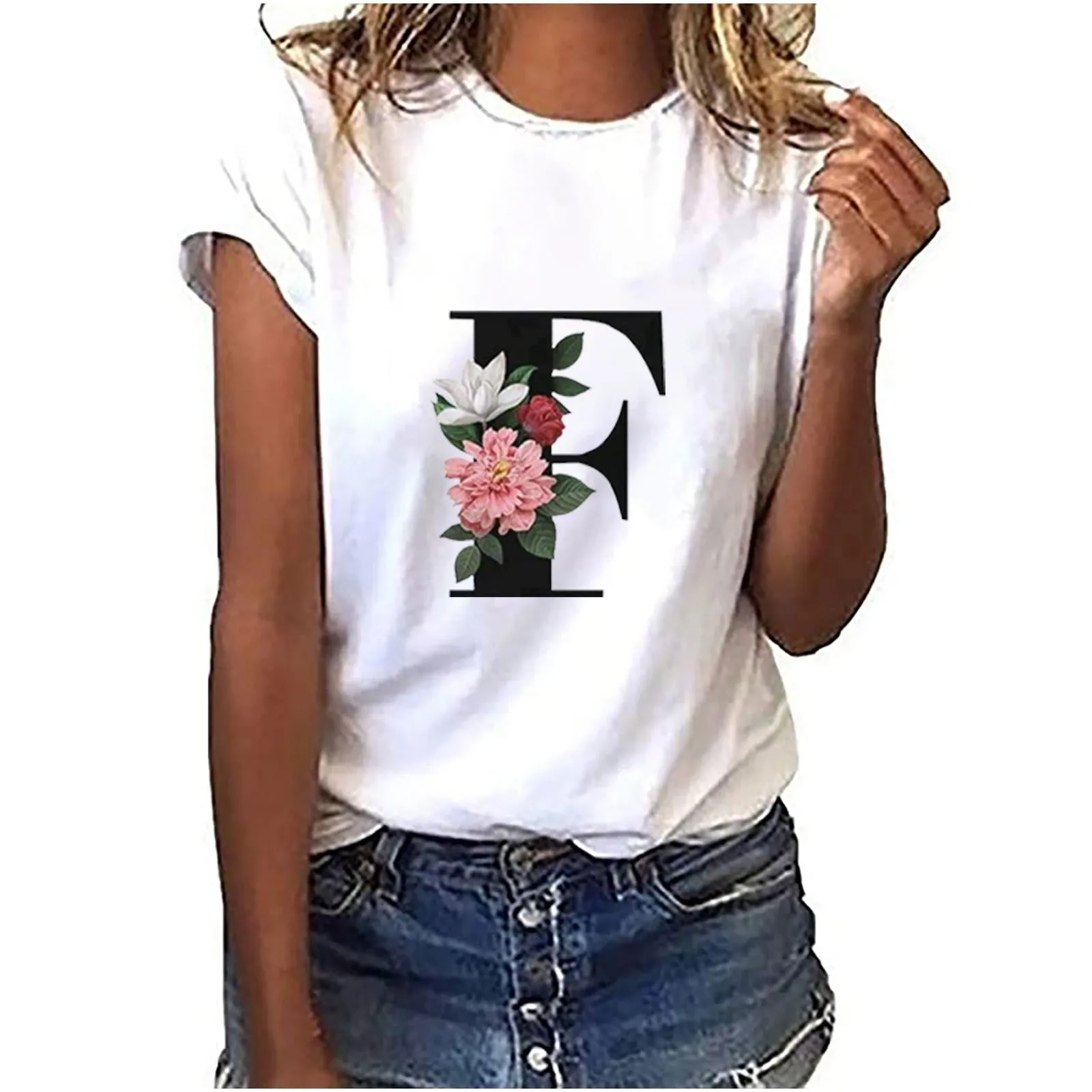 

SAGACE Ladies Fashion Casual Simple T-shirt Round Collar Letters Flower Short Sleeve Loose Blouse Daily футболка 2021