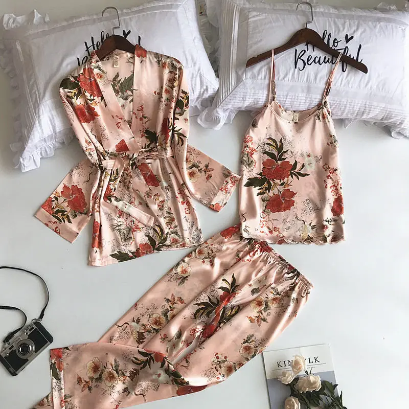 

New 3 Pieces Pyjama Set 2020 Women Spring Summer Sexy Silk Pajamas Sets Satin Sleep Suit Cute Nightwear Home Clothes Sleepwear