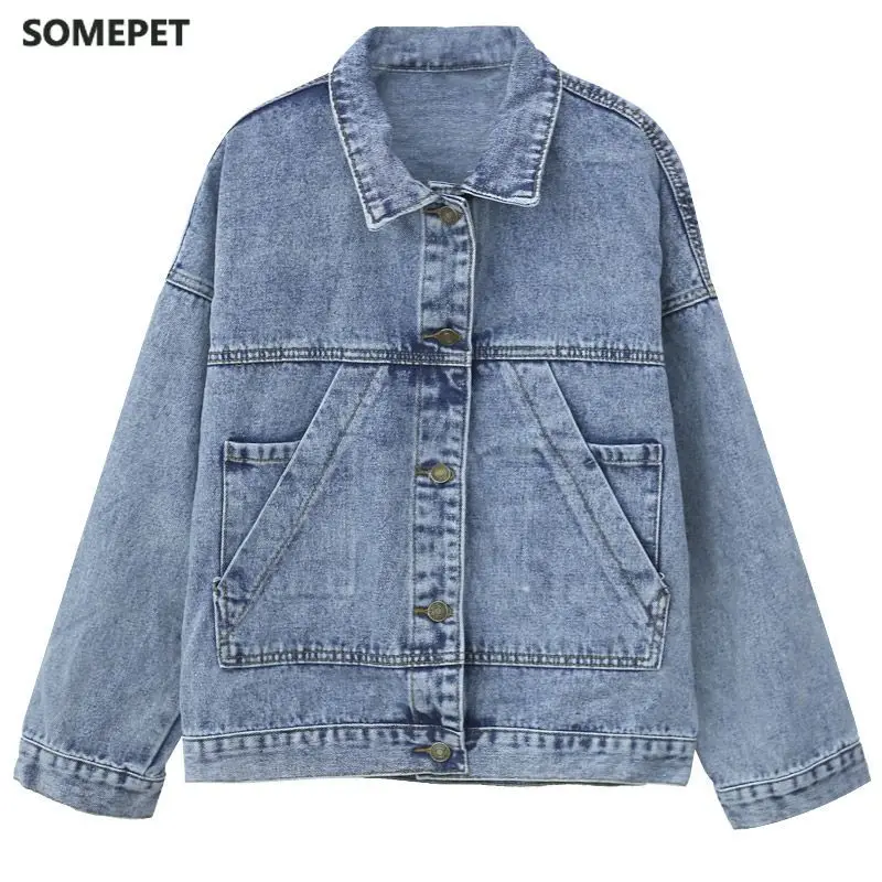 

Basic Jackets Women Vintage Simple Spring Chic Denim Korean College Style Girls Jacket Stylish Turn-down Collar Ladies Outwear
