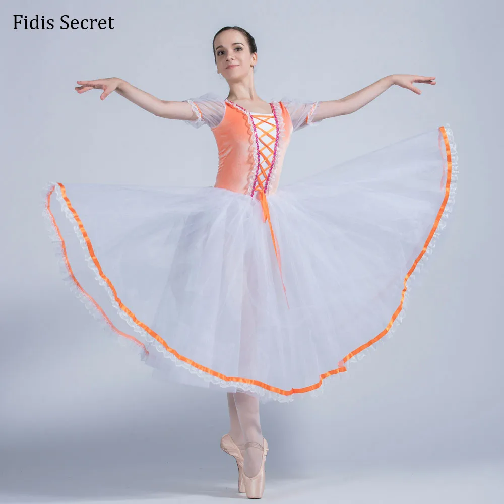 

Orange Velvet Top Bodice w/White Long Romantic Tutu Skirt,Women Peasant Ballet Dress,Girls Ballerina Performance Stage Costumes