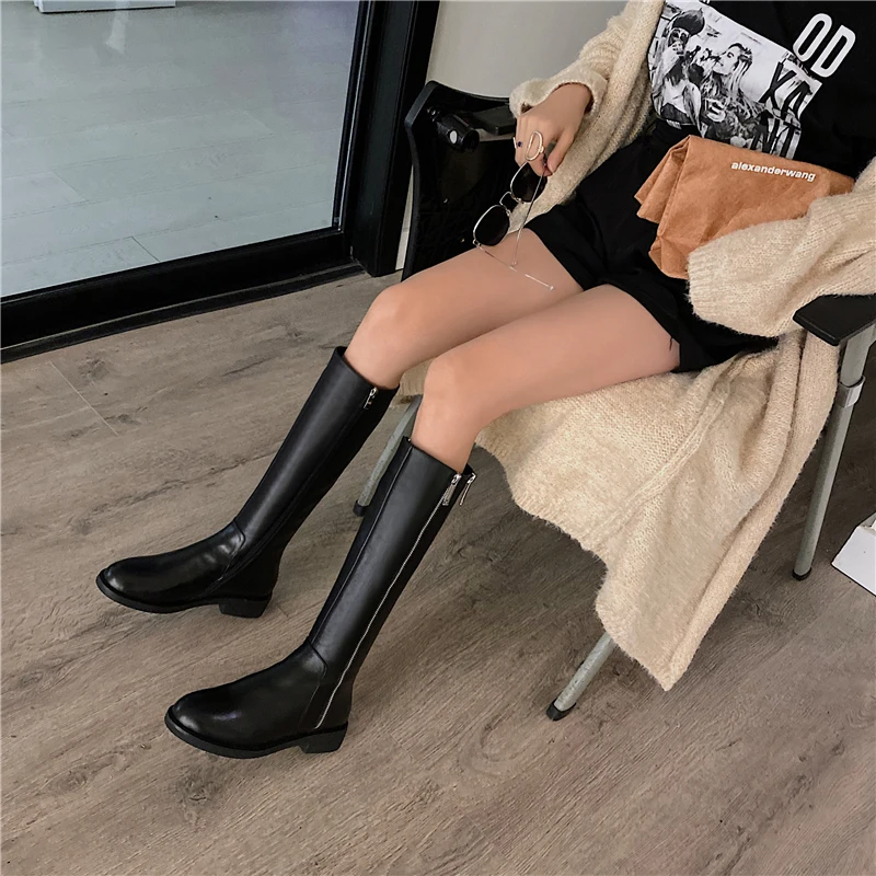 

COVIBESCO Fashion Concise Women Knee-High Boots Genuine Leather Shoes Woman New Zipper Low Heels Basic Long Boots Autumn Winter