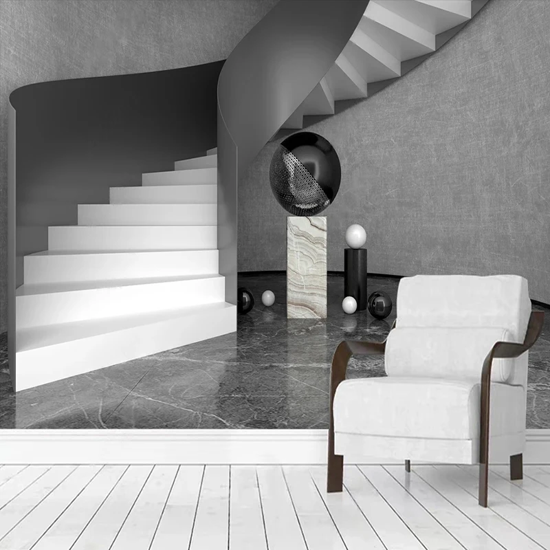 

Custom Black White Gray Spiral Staircase Geometric Building Wallpaper For 3D Living Room TV Background Decor Creative 3D Mural