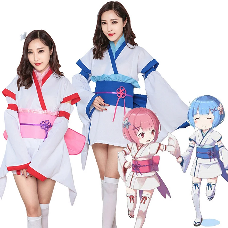 

Anime Re: Zero kara Hajimeru Isekai Seikatsu Ram Rem Twins Childhood Kimono Dress Women Girls Halloween Ram/Rem Cosplay Costumes