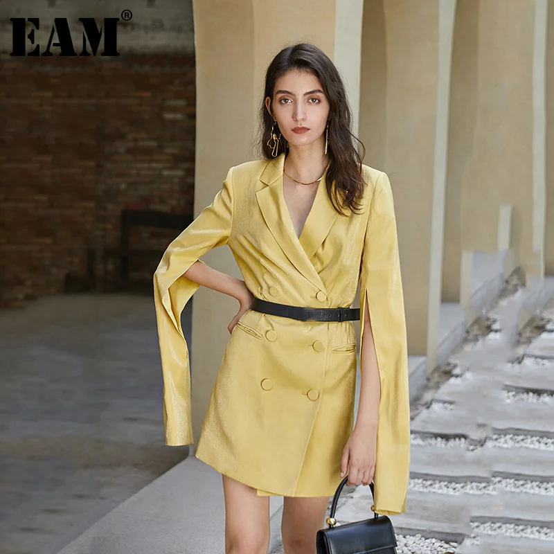 

[EAM] Women Yellow Vent Split Joint Temperament Dress New Lapel Long Sleeve Loose Fit Fashion Tide Spring Autumn 2021 1Z539