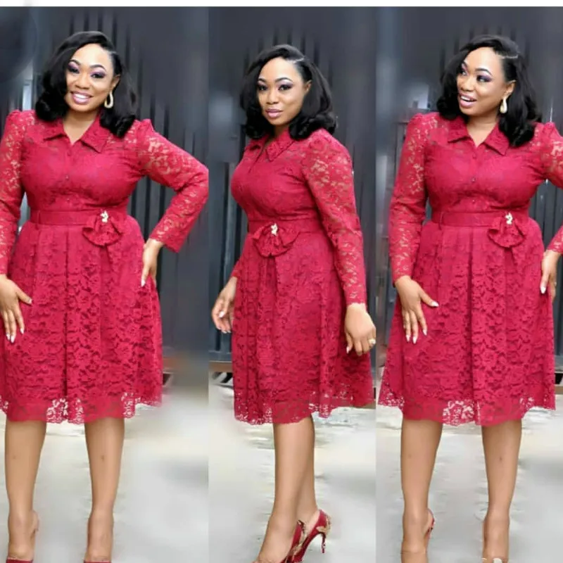 Кружевные однотонные платья на талии с отложным воротником и длинным рукавом