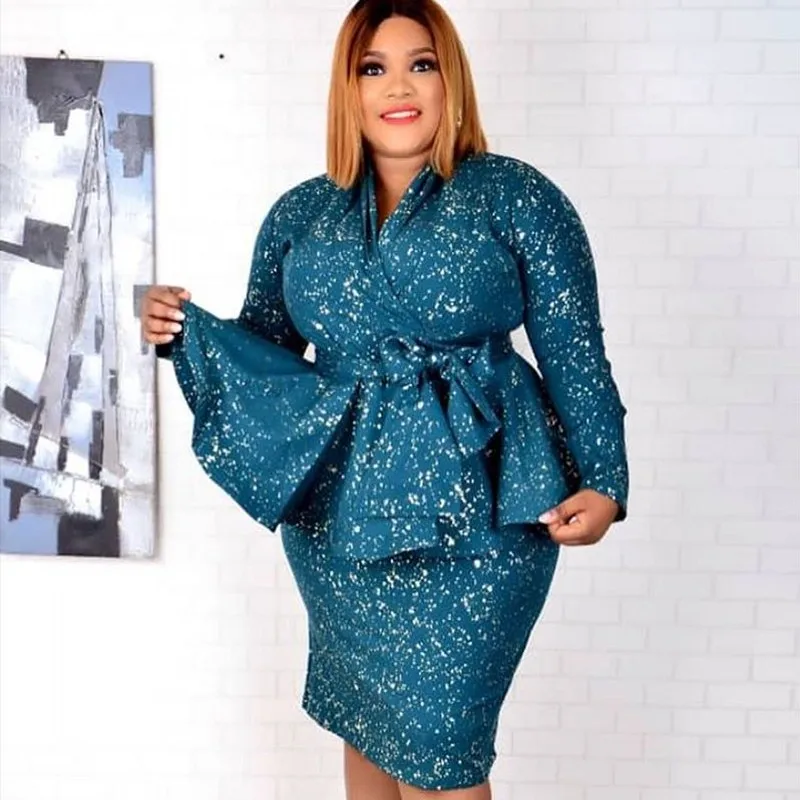 

Two Piece Set For Women Sexy V Neck Long Sleeve Ruffle Tops And Skinny Skirt Matching Set Fashion High Elastic Office Lady Suits