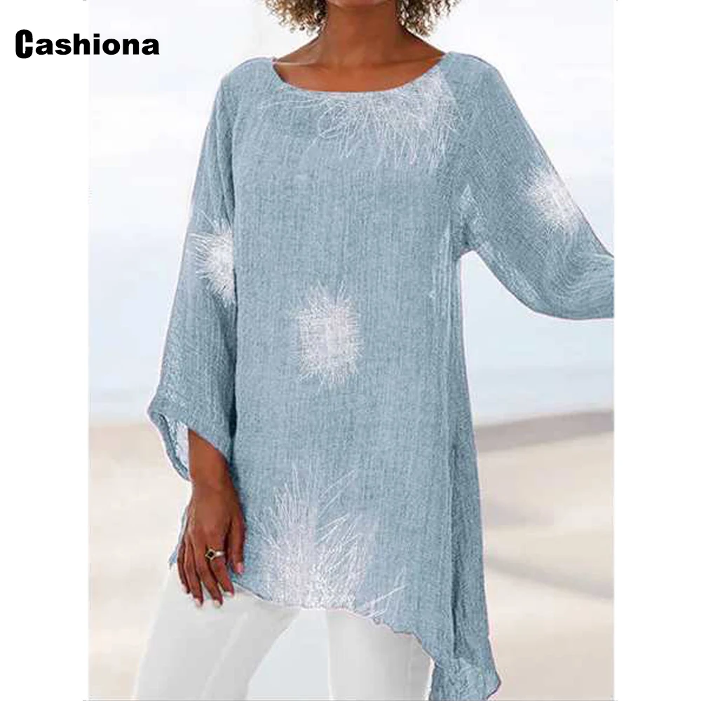 Cashiona Plus Size Dandelion Print Blouse Linen Shirts 3/4 Sleeve Tops Womens Irregular Chiffon Shirt Femme blusas ropa mujer