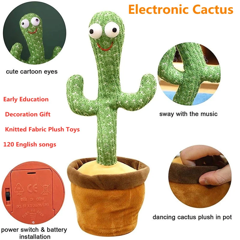 Electronic Cactus 120 English Songs Flashing Sounding AA Battery Operated Home Decor 12.5 Inch Knitted Fabric Plush Toys
