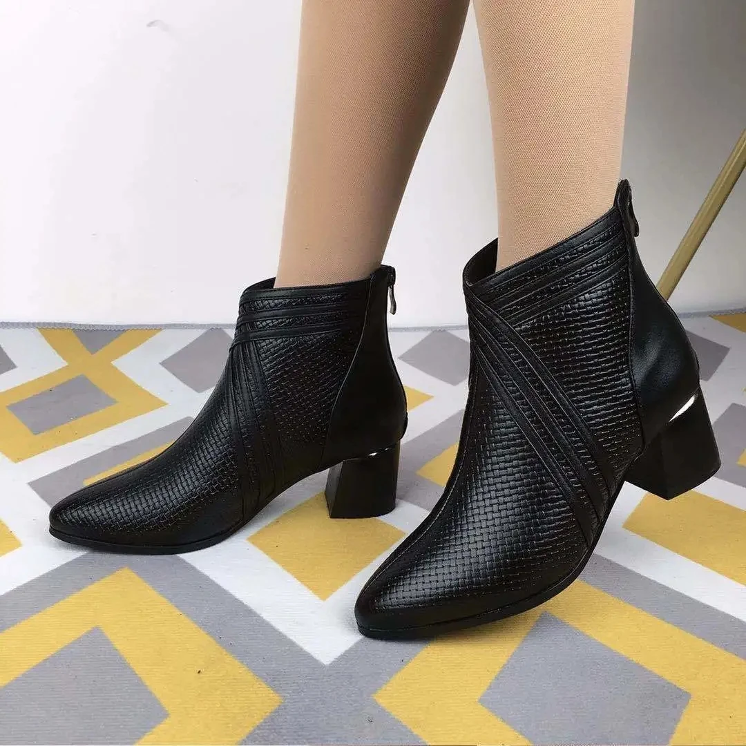 

Women Autumn Winter Plush Boots Ladies Square Heel Pointed Toe Weave Pattern Ankle Booties Women's Batas Mujer
