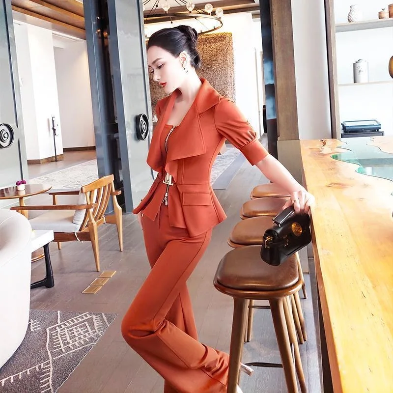 

Women 2 Piece Set Turn Down Collar Sweatshirt Zipper Top High Waist Wide Leg Pants Tracksuit Office Lady Casual Outfit S-2XL