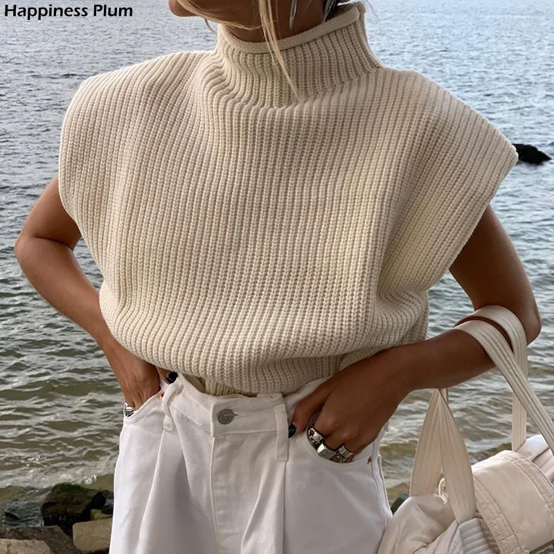

Turtleneck Sleeveless Women Vest Sweater 2021 White Shoulder pads Pullover Knitted Loose 2021 Autumn Winter Casual Jumper