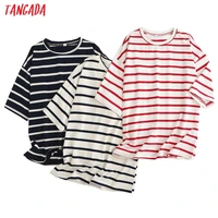 tangada 2021 women striped cotton t shirt short sleeve o neck tees ladies casual tee shirt street wear top 6l42