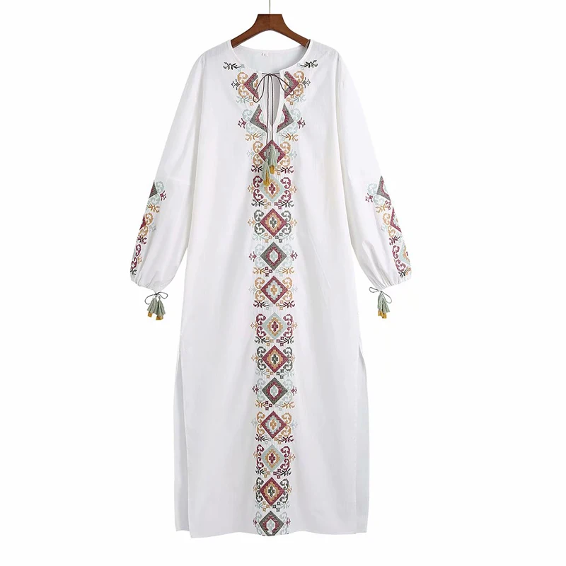 

KUMSVAG Women Summer ZA Vintage Long Dress 2021 3/4 Sleeve O-Neck Embroidery Tassel Female Elegant Fashion Split fork Dresses