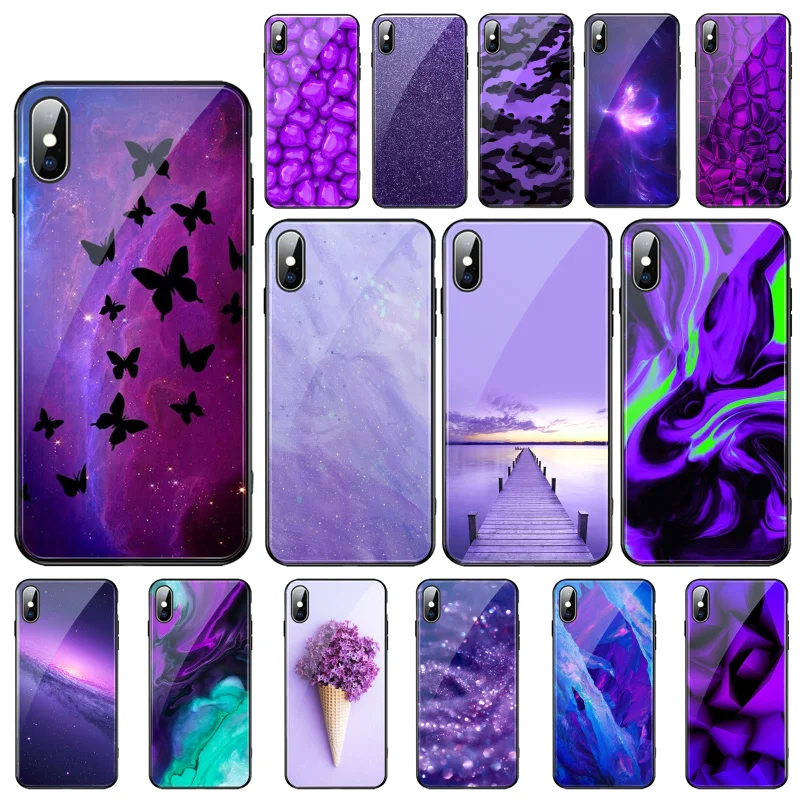 

Purple Aesthetic Glass phone case For iphone 13 Pro Max For iphone 12 11 Pro Max XS XR X 8 7 Plus SE2 Case