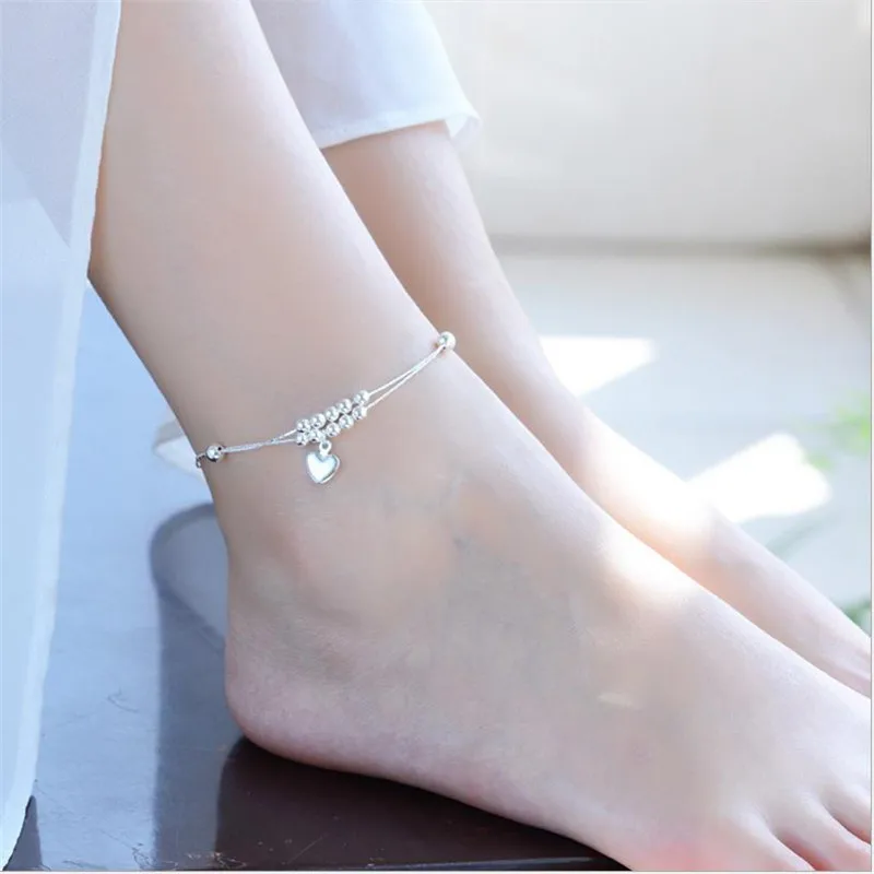 

Lady Heart Anklets For Women Party Accessories Trendy 925 Sterling Silver Bracelet Female Jewelry Double Layer Girls Bijou