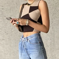 summer y2k brown tops 2021 patchwork sleeveless crop top women off shoulder club casual shirts sexy tank top knit fashion camis