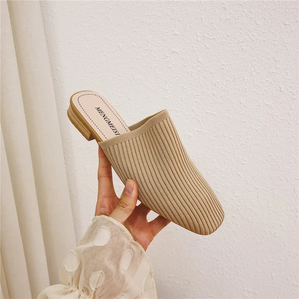 Мюли SLHJC женские на низком квадратном каблуке вязаная ткань стрейч без застежки