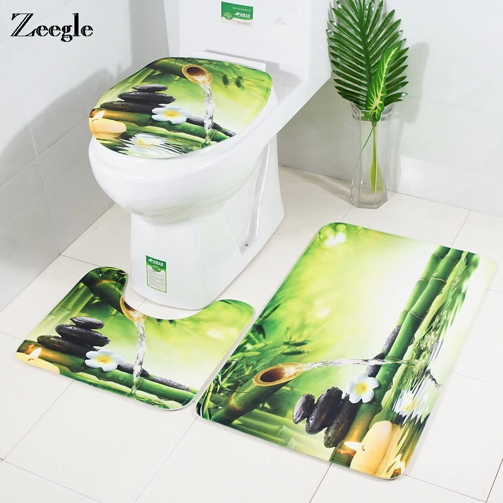 

Green Bamboo Printed Bath Mat Bathroom Rug Set Non-slip Shower Rugs Washing Room Foot Mats Absorbent Toilet Rug Set Bathroom Mat