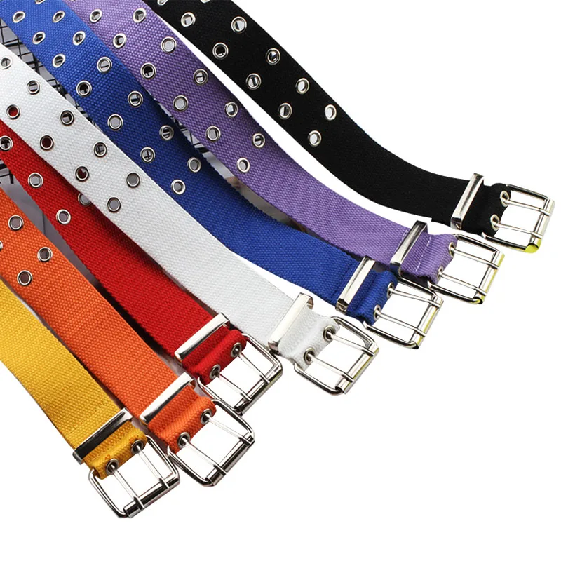 

Unisex belt Long Canvas waist Strap fashion punk style Double row pin buckle Belt adult jeans trouser pants Waistband accessory