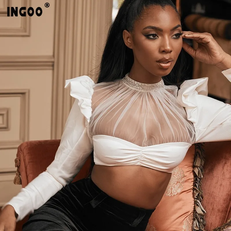

INGOO Spring Mesh Long Sleeve Crop Top Women Sexy&Culb White Tops Elegant Patchwork Diamonds O-Neck Ruffles Short Lady T Shirt