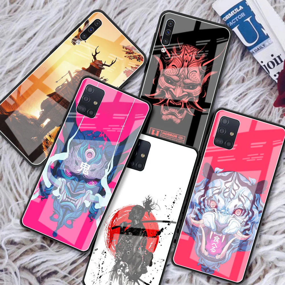 

Glass Phone Case For Samsung Galaxy A51 A71 A50 A21s A52 A70 A72 A31 A10 M31 M51 Luxury Mobile Cover Grimace Warrior Mask