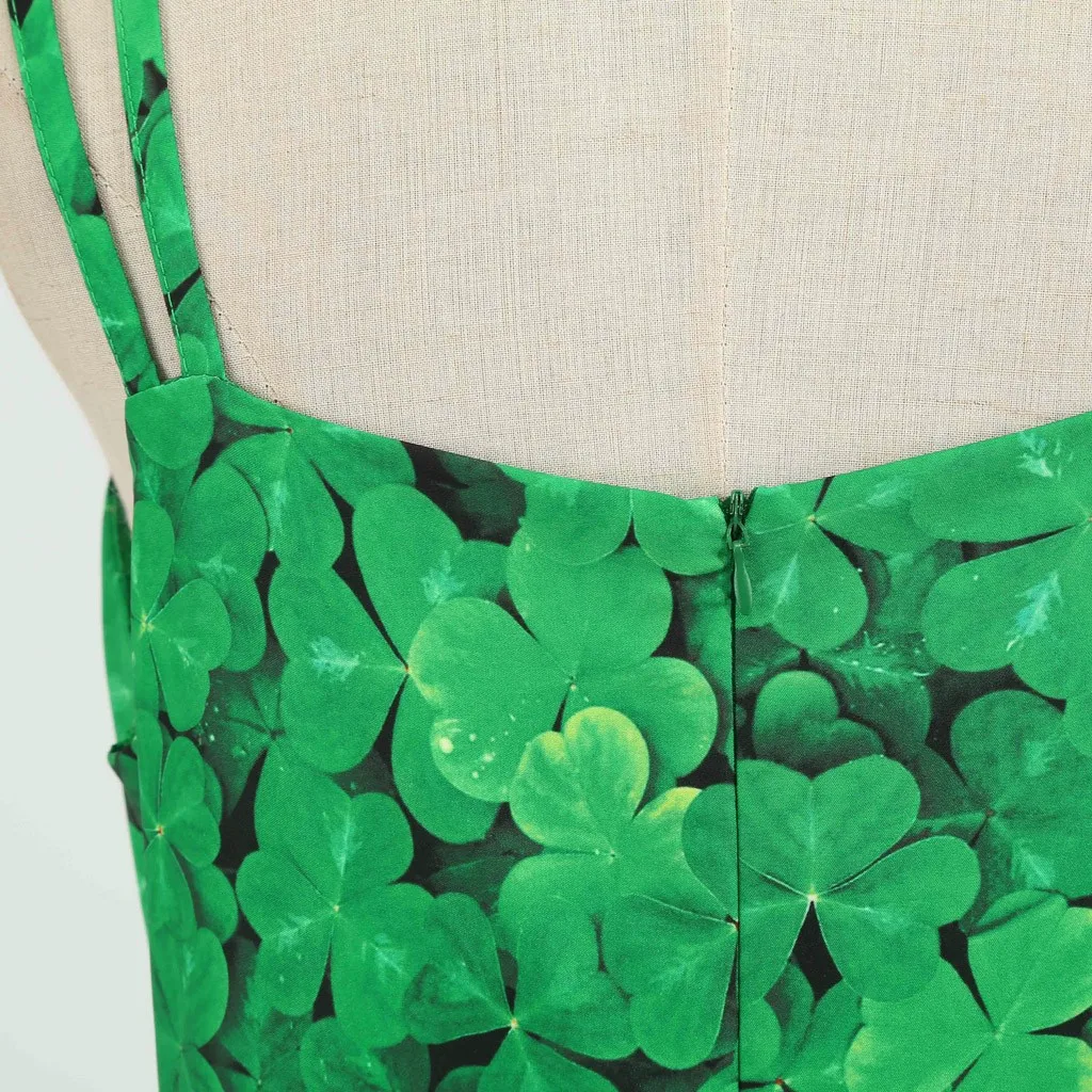 

2021 Women Dress clover cat print patchwork V-neck Strap Big Swing Dress Summer spring Femme St. Patrick's Day Party Dress