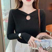 2021 women pullover sweater knitted elasticity casual kink cross jumpers slim long sleeve female autumn hollow out korean tops
