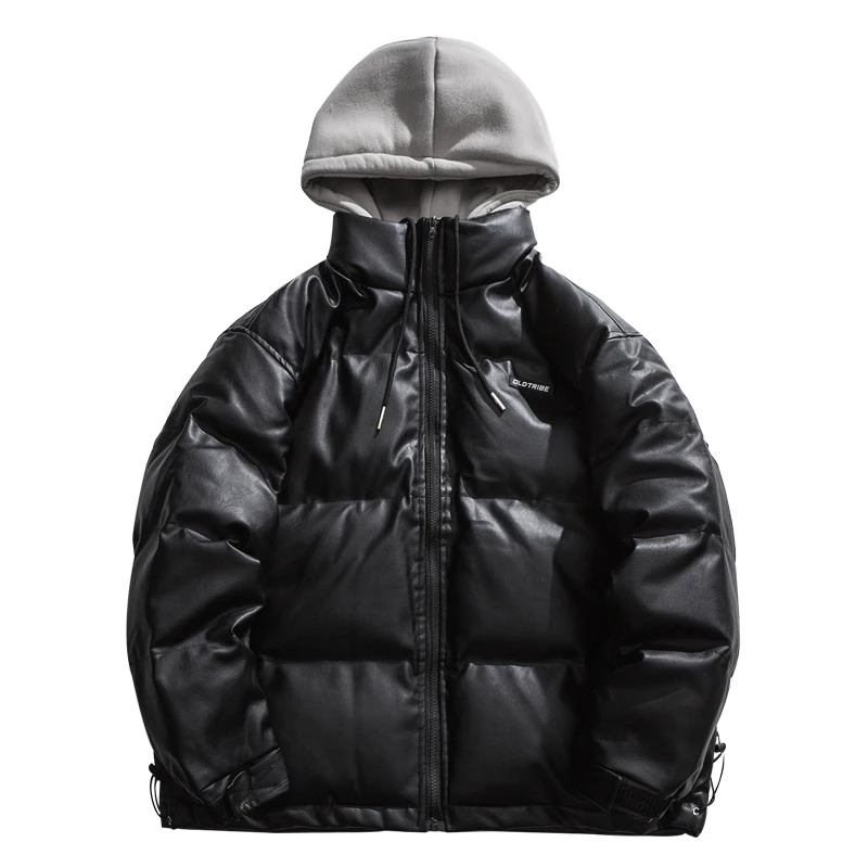 

Trendy Brand Leather Workwear Cotton-padded Jacket Men's Winter Fake Two-piece Hooded Cotton-padded Jacket Men's Tooling Jacket