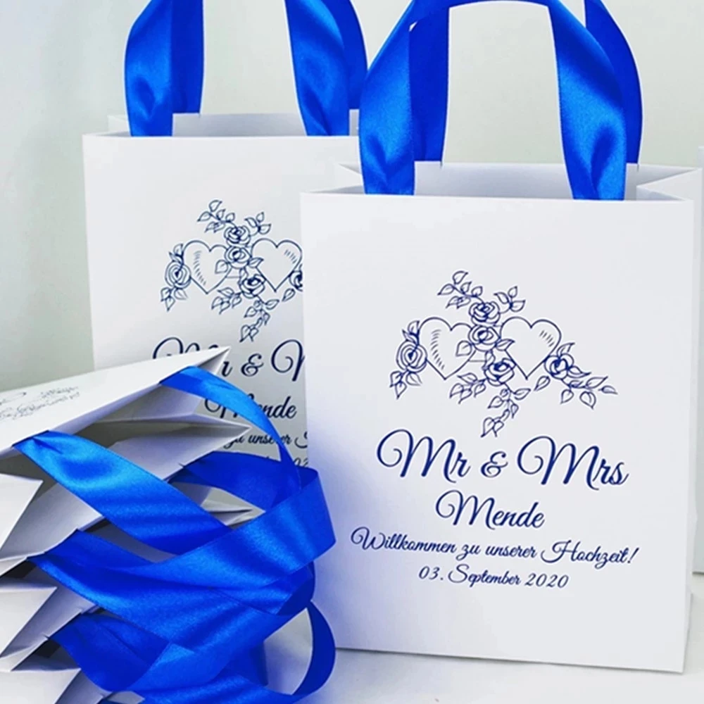 

Personalized Mr & Mrs Wedding Welcome Bags with Royal Blue satin ribbon Elegant Wedding gifts and favors for wedding guests